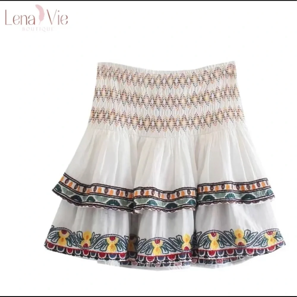 Boho Summer Embroidered Flared Kimono 2 Piece Skirt Set, Cotton Floral Koi Print - Picture 8 of 11